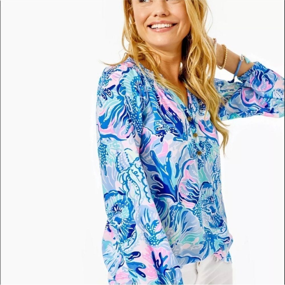 LILLY PULITZER ELSA Silk Top Long Sleeve Blouse JET STREAM Size S